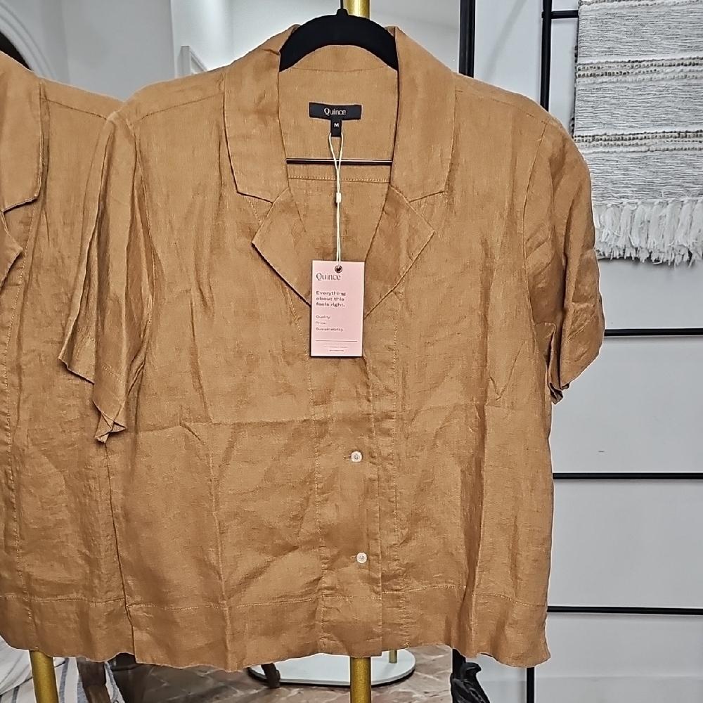 2 For 1 Quince Linen Cropped Button-Front Top – Camel | Sizes M | NWT - Picture 3 of 8
